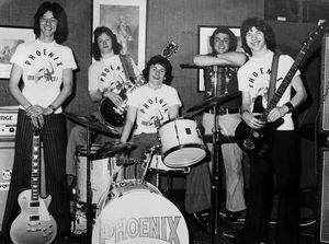 1975: The Phoenix, a Ludlow pop group, were warming up for their next gig. Pictured are lead guitarist Peter Lewandowski, Neil Condliffe, Malcolm Wragg, manager Gerald Davies, and Phil Hughes. 