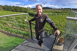 Owner Clive Vickers on the terrace at Halfpenny Green Wine Estate, Bobbington, South Staffordshire