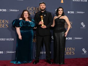 Jessica Gunning, Richard Gadd and Nava Mau in the Golden Globes press room