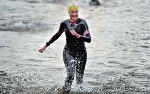 Louise Minchin exits from the swim