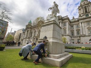 Lord mayor of Belfast, Councillor Micky Murray (right) and Susie Millar, president of the Belfast Titanic Society laying wreaths at the Titanic Memorial