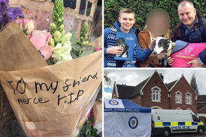 Floral tributes have been left on Greyhound Lane, Stourbridge, where Pierce and Peter (pictured) and Tracey Wilkinson were stabbed yesterday