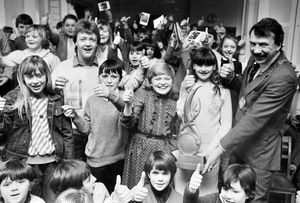 TV star Keith Chegwin popped in on Moreton Say Primary School, near Market Drayton, in March 1985 to present a national learn-to-swim trophy. Pupils Lisa Williams, Jonathan Coombes, Christine Dutton, and Jane Workman, received the trophy from the celebrity