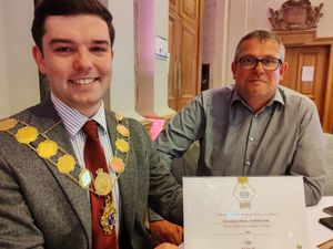 Shrewsbury's mayor Alex Wagner with Stuart Farmer, Chairman of the Shrewsbury in Bloom Committee.