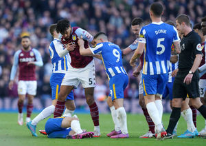 Aston Villa's Tyrone Mings (second left) reacts 