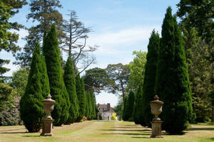 An avenue of yew trees is part of the beautiful formal gardens, including specimen plants, lakes and parkland, surrounding Lydhurst House