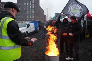 Job & Talent agency bin workers and the Birmingham council bin strikers they were hired to cover join together for a picket line and rally, organised by Unite the Union, outside Job & Talent's Smithfield Depot in Birmingham, on the first day of strike action by refuse workers employed by the company. Photo: Jacob King/PA Wire 