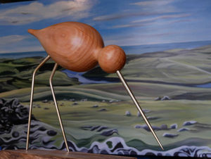 Wading Bird by Meyrick Ames in front of artwork titled 'Pumlumon, The Rheidol Way' by Lucy Burden at The Hymns. Image by Andy Compton