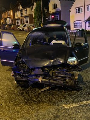 The front end of one of the cars was smashed in.