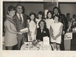 Winning the competition: representatives from the British Overseas Airways Corporation and Calor Gas, guides Gail Griffin, Pat Jones, Pauline MayPam Walker, with Magpie presenter Tony Bastable behind, and the chief guide in front