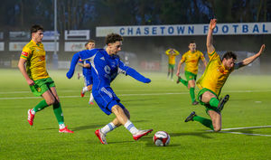 Chasetown's George Cater tries to find a way through. Pic: Jim Wall