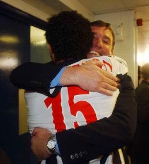 Richardson celebrates with Albion boss Bryan Robson at full time