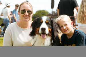 SOUTH COPYRIGHT SHROPSHIRE STAR JAMIE RICKETTS 28/07/2024 - Ludlow Dog Day held at Stokesay Court in Craven Arms. In Picture L>R: Jules Morgan, Arthur (Bernese Moutain Dog) and Taite Morgan 9..