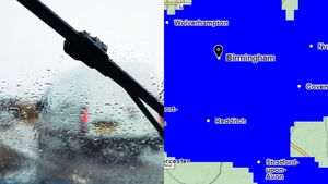 A stock image of a vehicle's window wipers in the rain and a screen grab of a Met Office map showing rain over the West Midlands.