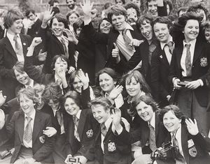 It’s all smiles as excited pupils at King Edward VI School, Lichfield, wait for a visit from Her Majesty the Queen in June 1980.