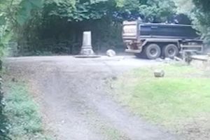 Footage released by Warwickshire Rural Crime Team shows the moment a lorry drive smashed 5ft-tall William Gladstone memorial cross in Lea Marston, Warwickshire, in August 2024. 