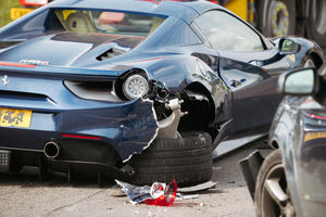 The badly damaged Ferrari