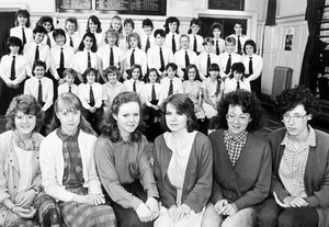 September 20, 1985. 'Newport Girls High School will be holding its prizegiving next week. Seen here are sixth form prizewinners, with other award winners in the background. From left: Sian Falder, Helen Tildesley, Helen Anderson, Jane Creer, Kate Footner, and Mary Stevenson.' 