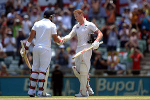 England's Ben Stokes (right) is congratulated by Tim Bresnan (left) after scoring 100 not out