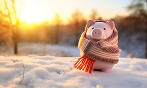 A piggy bank keeping warm during winter with a scarf. Seasonal finance.